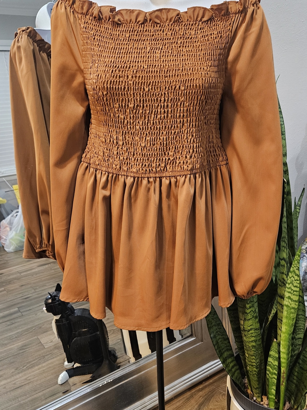 SHEIN Rust Smocked Peasant Tunic Blouse